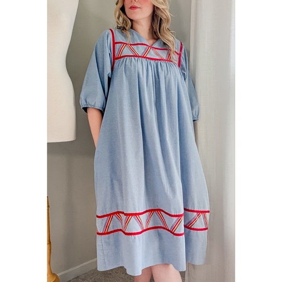 70s Blue Krist Gudnason for Rainbow Trim Cotton 1970s Vintage Midi Shift Dress - Picture 13 of 15